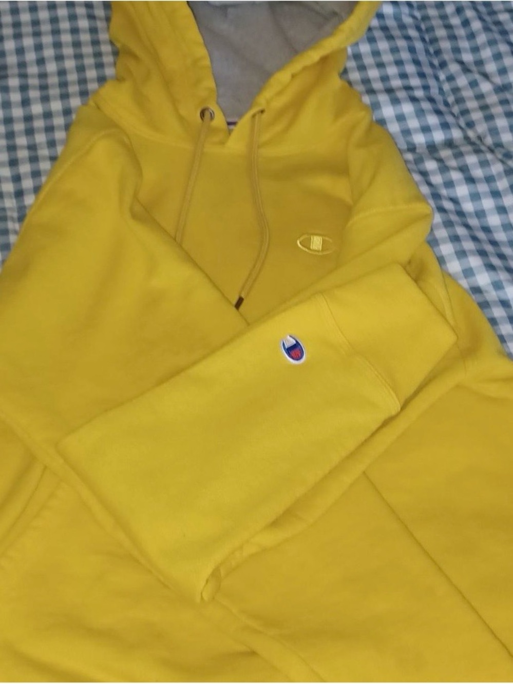 Champion Bright Yellow Hooded Pullover with Grey Lining